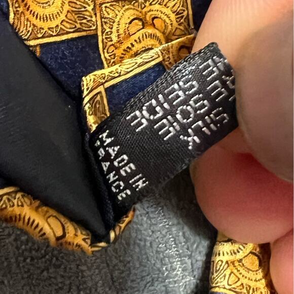 Pair of Authentic LANVIN Paris Paisley Design On Blue Gold 100% Silk Necktie Tie - Picture 9 of 11